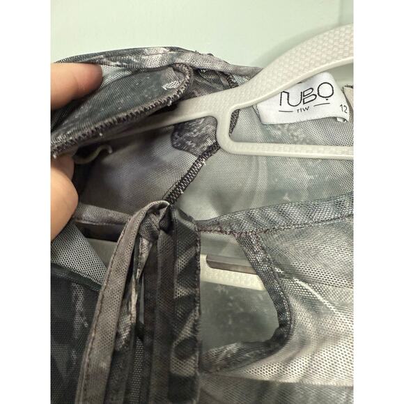 TUBO sheer printed long sleeve bodysuit with shoulder pads luxury art deco - Picture 6 of 8